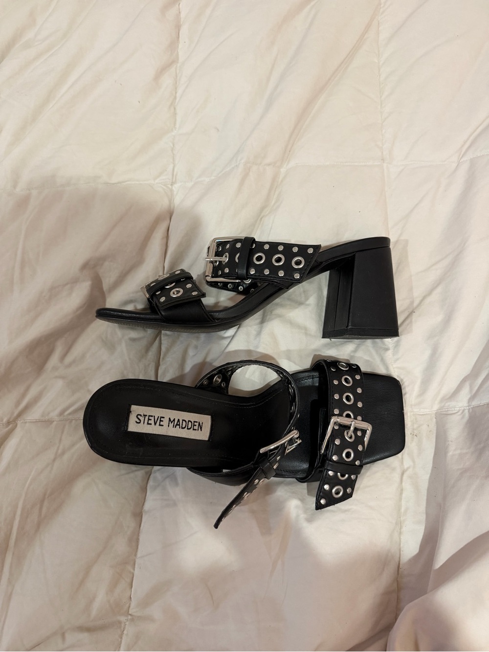 Steve Madden Black Grommet Buckle Kitten Heels